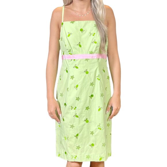 LILLY PULITZER Green Pink Vintage 1990s Eyelet Bow Back Dress - Picture 1 of 8